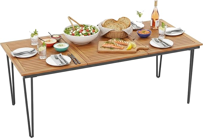 Tangkula 79 Inch Outdoor Dining Table for 8, Acacia Wood 8-Person Patio Table with 1.9 Inch Umbrella Hole, Metal Legs & Adjustable Foot Pads, Rectangular Outside Table for Garden, Poolside & Backyard