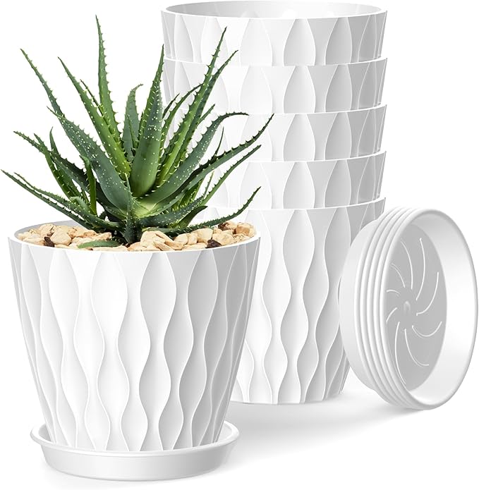 4 Inch Plant Pots, 6 Pack Indoor Flower Pots, Planters with Drainage Holes and Trays for Orchids, Violets, Succulents, Herbs, and Other Plants,White