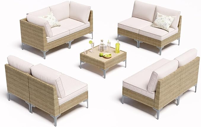 9 Piece Wicker Patio Furniture Set,Outdoor Conversation Sectional Sofa w/Coffee Table,All-Weather Outdoor Sofa with Thick and Anti-Slip Cushions for Deck,Poolside,Garden,Beige