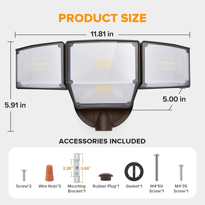 LUTEC 80W Dusk to Dawn Flood Lights Outdoor, 9000LM Super Bright LED Security Light with Photocell, IP65 Waterproof, 5000K Daylight, Hardwired 4 Heads Floodlight for Garage, Yard, Patio (Brown)