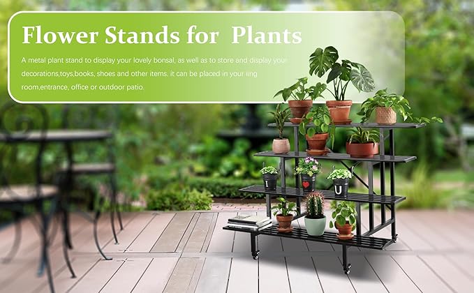 Zhongma 4 Tier Sturdy Metal Plant Stand with Wheels, L45.67 x W34.65 x H35.83 inch, Heavy Duty Plant Holder for Home Indoor and Outdoor, 880 LBS Capacity & Heavy Duty Construction