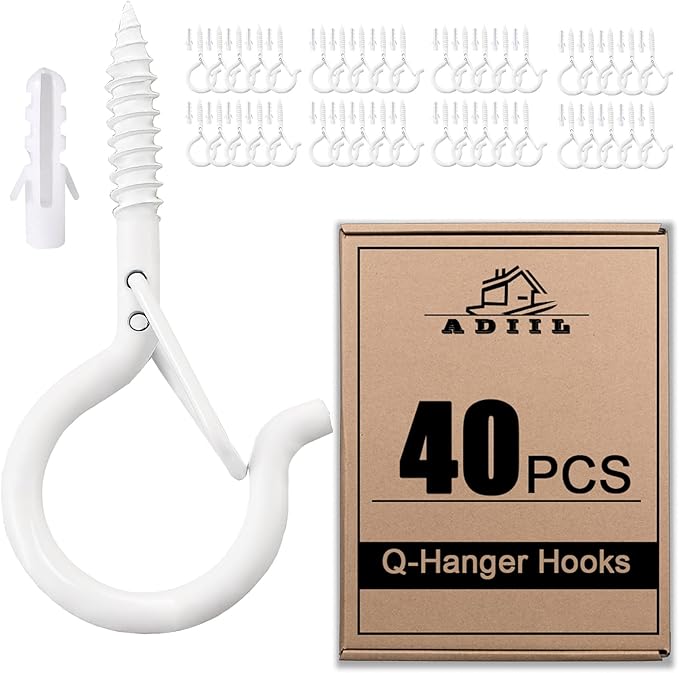 ADIIL 40 PCS Q Hanger Hooks with Safety Buckle, Windproof Screw Hooks for Hanging Outdoor String Lights, Plants, Christmas Patio Lights, 2.2 Inches, White