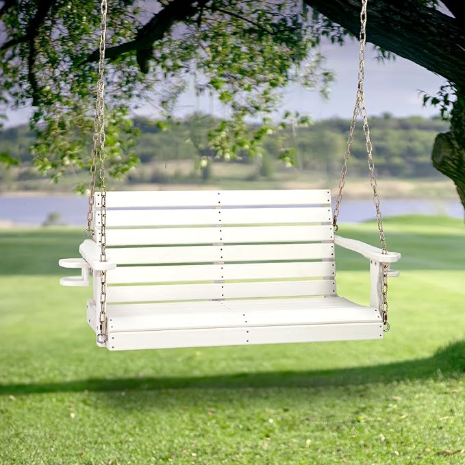 VINGLI Heavy Duty 1600 LBS HDPE Porch Swing Outdoor with Rotatable Cup Holder, 4 FT Patio Bench Swing with Adjustable Chains, 2 Person Hanging Porch Swing Chair for Porch, Yard, Tree, Garden - White