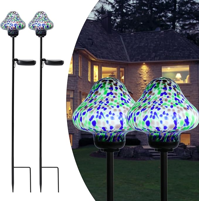 Solar Outdoor Lights Decorative Solar Glass Mushroom Lights Waterproof LED Waterproof Garden Stake Light for Walkway Pathway Lawn Patio Yard Decorations 2 Pack Multi