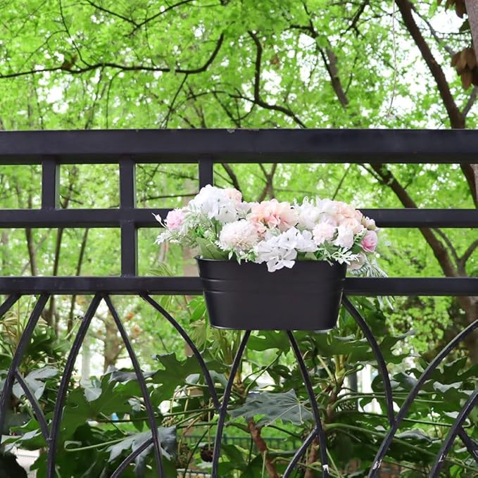3 Pack Metal Railing Planters, 10.5" Oval Hanging Flower Pots with Detachable Hooks & Drainage Holes, Fits Rails up to 2.36", Galvanized Iron Fence Bucket for Balcony Garden Patio - Black