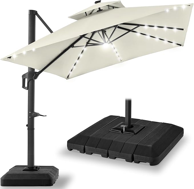 Best Choice Products 10x10ft Cantilever Patio Umbrella w/Base Included, Solar LED Lights 360 Rotation Large Offset Hanging Outdoor Shade for Deck Pool Backyard w/Stand – Ivory