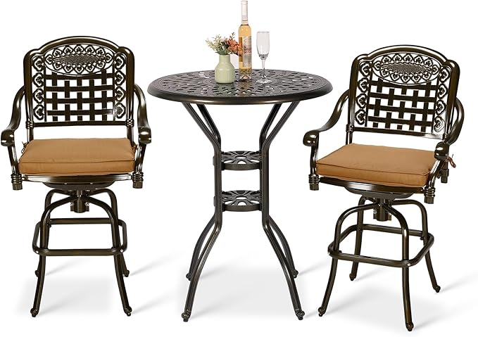 VIVIJASON 3-Piece Outdoor Swivel Bar Stools Set, All Weather Cast Aluminum Patio Bar Height Bistro Set with 2 Cushioned Bar Chairs & 31" High Bar Table w/Umbrella Hole for Backyard, Lawn, Garden