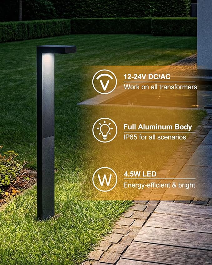 Low Voltage Landscape Lights, 6 Pack Outdoor LED Pathway Light, Wired Path Lighting for Walkway, Garden, IP65 Waterproof, 400LM, 4000K, Modern Cast-Aluminum, Black