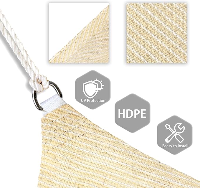 Patio Paradise 16' x 16' x 16' Sun Shade Sail Triangle Canopy Shade Cloth Fabric Sunlight Block Patio Pergola Cover HDPE Deck Awning for Outdoor Backyard Roof Shading, Beige