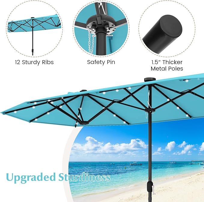 Tangkula 9 Pieces Rattan Outdoor Dining Set with 13Ft Solar Patio Umbrella for 6, Outdoor Wicker Table Set with 8 Cushioned Chairs, Acacia Wood Top, Outdoor Umbrella with Base Included