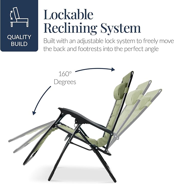 Best Choice Products Oversized Padded Zero Gravity Chair, Folding Outdoor Patio Recliner, XL Anti Gravity Lounger for Backyard w/Headrest, Cup Holder, Side Tray, Polyester Mesh - Sage Green