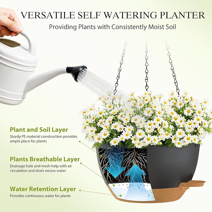 10 Inch Hanging Baskets 2 PC with Chains, Self-Watering Hanging Planters for Indoor Outdoor Plants, Plastic Hanging Flower Pots,Black Brown