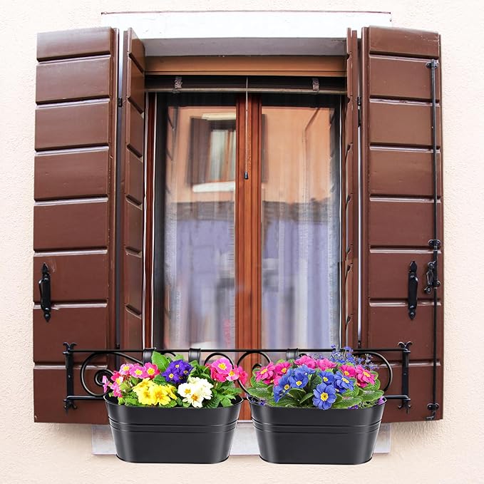 MADHOLLY Railing Planter with Drainage Holes - Sturdy Bucket Pots for Railing Fence, Countryside Style Metal Flower Pots for Herbs Balcony Garden Yard Decor, 2Pcs, Black