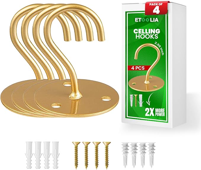 Ceiling Hooks for Hanging Plants- 4pcs 2.56 inches Heavy Duty Powder Coated, Gold Hanging Hooks for Bird Feeders, Planters and Wind Chimes