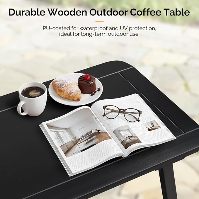 VINGLI Outdoor Folding Coffee Table, Natural Poplar Wood Patio Coffee Table, No Assembly Required, Ideal for Balcony, Porch, and Living Room, Oval, Black