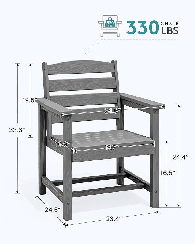 SERWALL Outdoor Dining Chairs Set of 4, All-Weather HDPE Patio Chair with 19.7" Widened Seat, for Backyard, Garden, Gray
