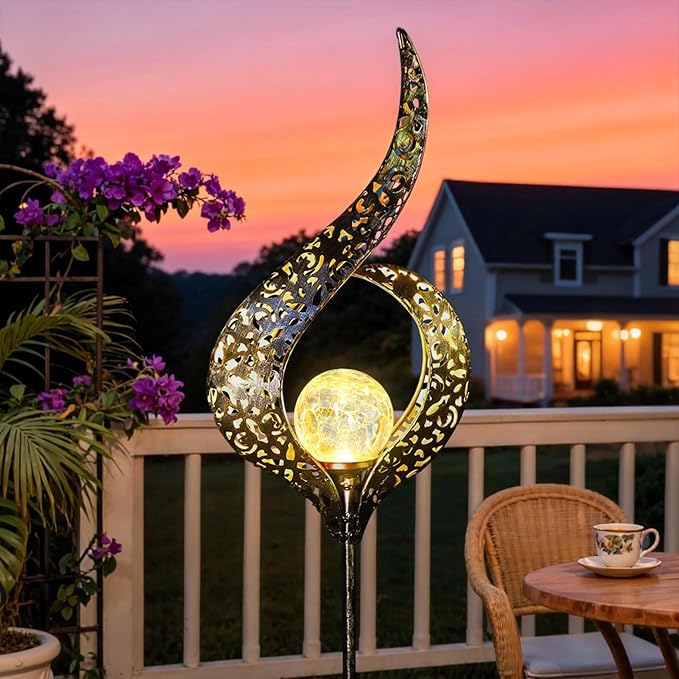 Outdoor Garden Gifts Solar Lights Stake Waterproof, Mothers Day Gifts Mom, Crackle Glass Metal Flower LED Yard Art Ornaments Lights for Pathway, Lawn or Courtyard, Birthday Gifts Women (Bronze)