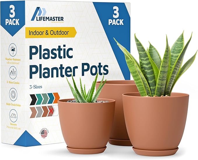 Terracotta Plant Pots with Drainage Holes & Saucers 3 Pack, Indoor & Outdoor Stackable Space-Saving Planters for Houseplants & Flowers, (7", 6.7", and 6" Inches), Durable & Weatherproof Materials