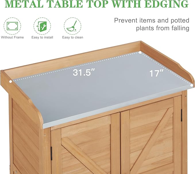 Outdoor Potting Bench with Storage Cabinet and Metal Top, Wood Workstation for Outdoor Patio, Garden (Light Brown, 31.5x17x39‘’)