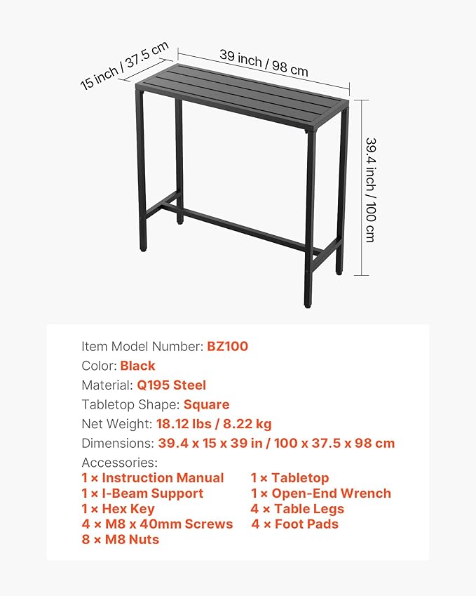 VEVOR Outdoor Bar Table, 39.4 x 15 in Patio Bar Table, Waterproof Top & Sturdy Metal Frame, Rectangle Counter Height Dining Tables, Outdoor Furniture for Balcony, Yard, Hot Tub, Poolside, Indoor