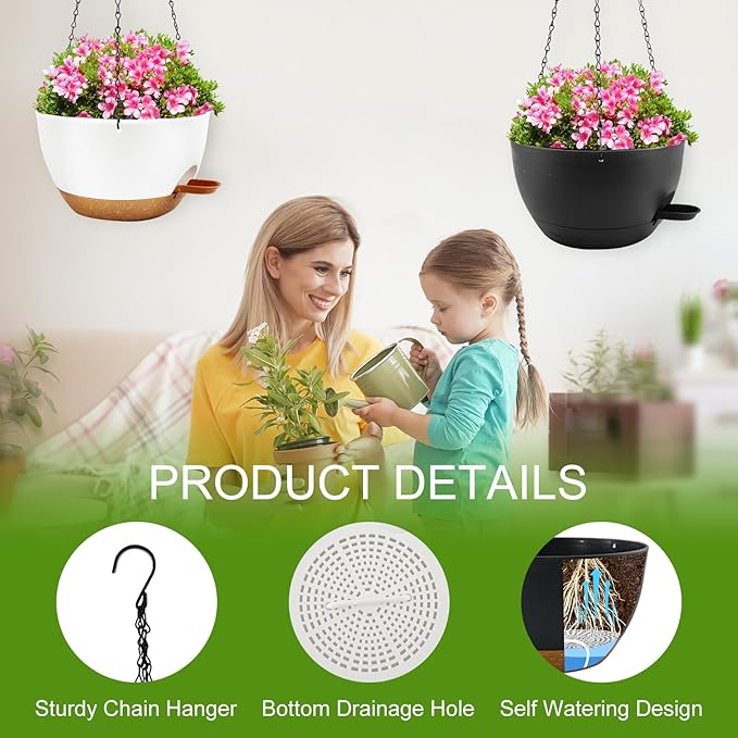 10 inch Hanging Planters for Indoor Plants, 3 Pack Self-Watering Hanging Planter Pots with Chain and Drainage Holes, Outdoor Plastic Hanging Baskets for Garden Home Decor
