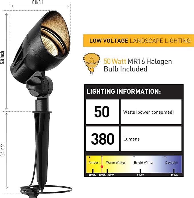 Malibu Landscape Lighting Outdoor 50W Spotlight Waterproof Halogen Floodlight Low Voltage Lights 380Lumen Warm White with Stake for Garden Yard Pathway Lawn Driveway Outdoor Lighting 6Pack 8301-9601
