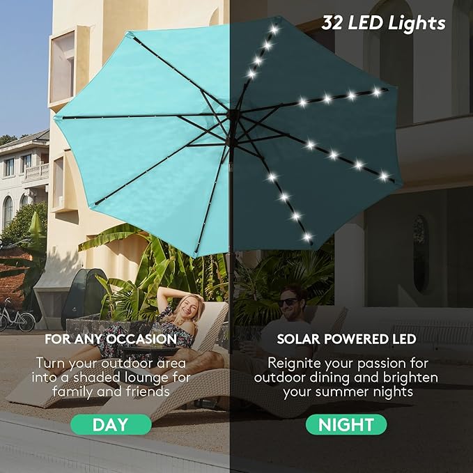 JEAREY 9FT Outdoor Patio Umbrella with Solar Lights, LED Lighted Pool Umbrella with Tilt and Crank, Outdoor Table Umbrellas for Deck, Yard & Market (Teal)
