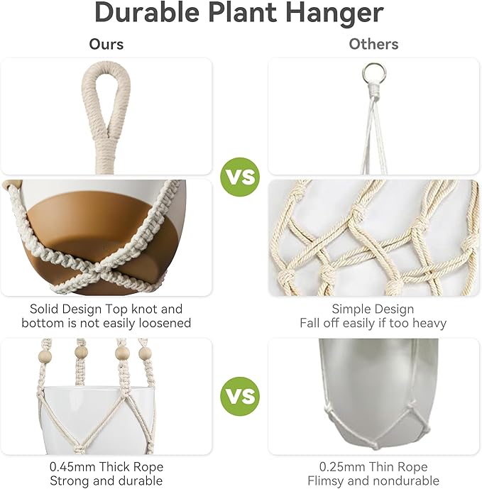 USLAI Macrame Plant Hanger Indoor Outdoor, Fits 4 to 15 Inch Pots, Strong Hanging Planter Holder, Boho Home Decor, 35 Inch, Ivory (POTS NOT Included)