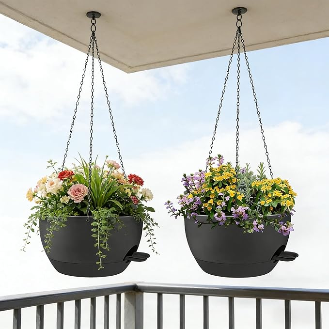 2 Pack 12 Inch Self Watering Hanging Planters for Indoor Plants, Large Black Plastic Hanging Pots with Chains for Outdoor Patio Garden Home Decor Black
