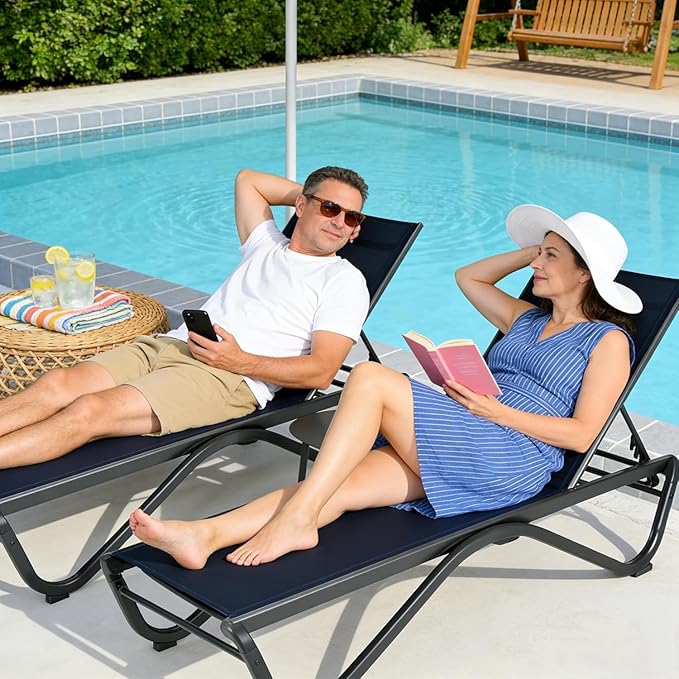 Kozyard Outdoor Chaise Lounge Chair, Full Aluminum Frame, Adjustable Reclining Patio Lounger for Poolside, Sunbathing & Backyard, Textilene (NavyBlue, 2Chairs)