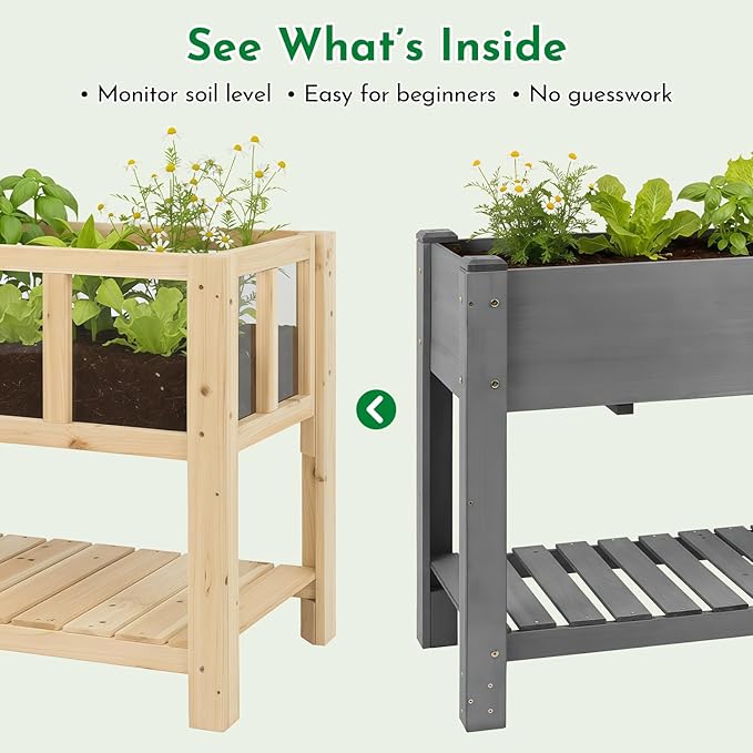 Raised Garden Bed with Transparent Acrylic Side Panels, Elevated Wooden Planter Box with Shelf for Vegetables, Herbs & Flowers,Outdoor Raised Garden Planter for Patio, Balcony & Backyard
