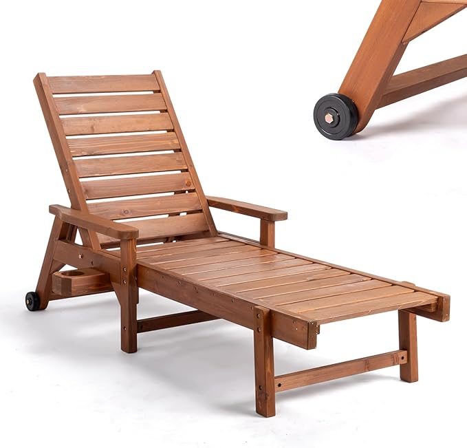VINGLI Outdoor Chaise Lounge Chair, Wooden Patio Lounger Chair with Adjustable Backrest, Pool Chaise Lounge with Cup Holder & Wheels for Sunbathing Poolside Beach, Brown