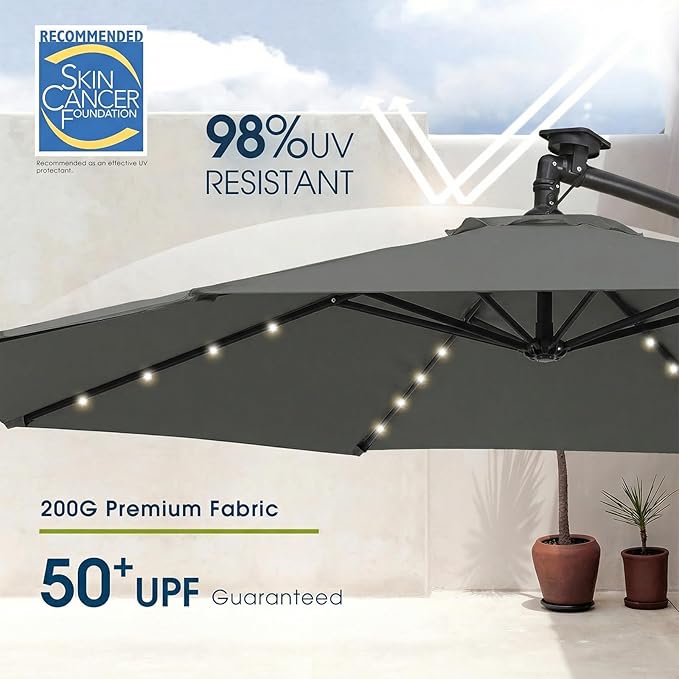 wikiwiki 10ft Solar LED Patio Umbrella with Base Included, Offset Umbrella with Weighted Sandbag Base, Cantilever Patio Umbrella for Backyard, Garden & Deck, 32 LED Lights & Polyester Shade, Dark Gray