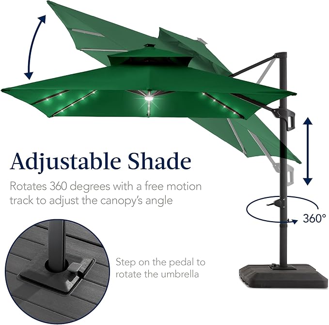 Best Choice Products 9x12ft LED Cantilever Patio Umbrella w/Base Included & 360° Rotation, Large Solar Offset Hanging Outdoor Sun Shade for Deck, Backyard Table w/Stand & Lights – Green