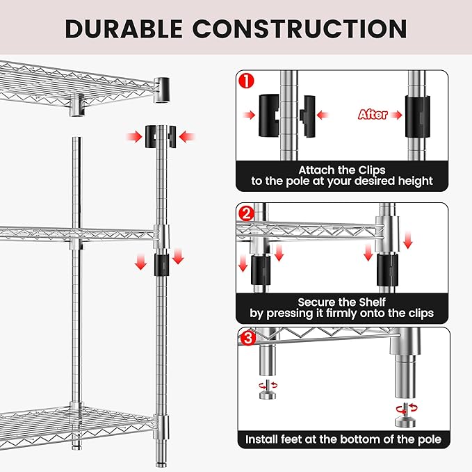 Xcity Storage Shelves, 3 Tier Heavy Duty Metal Shelving Unit with Wheels, 1050 LBS Capacity Adjustable Steel Wire Shelf Organizer for Pantry, Kitchen, Garage, 14" D x 24" W x 30" H, Chrome