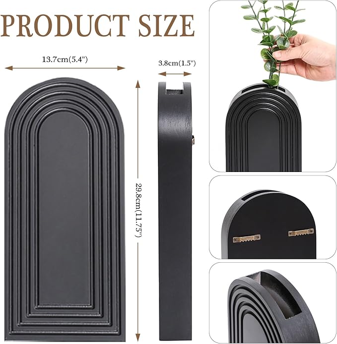 2 Pack Wooden Wall Vase Set - Black Finish Modern Farmhouse & Boho Wall Decor for Entryway, Hallway, Bathroom, Living Room, Dining Room, Narrow Spaces