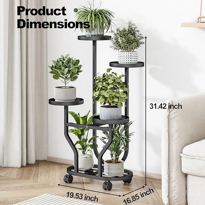 Plant Stand Indoor Outdoor 4 Tier Flower Holder with Wheels Metal Plant Shelf Corner Display Rack Multi Plants Sheleves for Living Room Garden Patio Black
