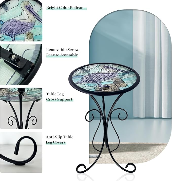 LIFFY Outdoor Side Table, 12" Glass Pelican Tabletop Patio Tables with Metal Frame, 21" Height Indoor Small Round Home Decorative Plant Stand Outside for Garden Patio Yard Porch