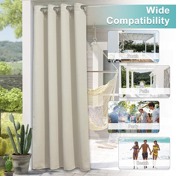 NICETOWN Outdoor Curtain for Patio Waterproof 108" Long, Triple Weave Stainless Steel Silver Grommet Thermal Insulated Privacy Room Darkening for Outdoor Living, Beige, 1 Panel, 52" Wide