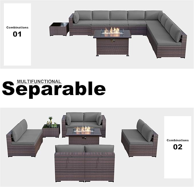Kullavik 10 Pieces Outdoor Patio Furniture Set with 43" 55000BTU Gas Propane Fire Pit Table PE Wicker Rattan Sectional Sofa Patio Conversation Sets,Grey