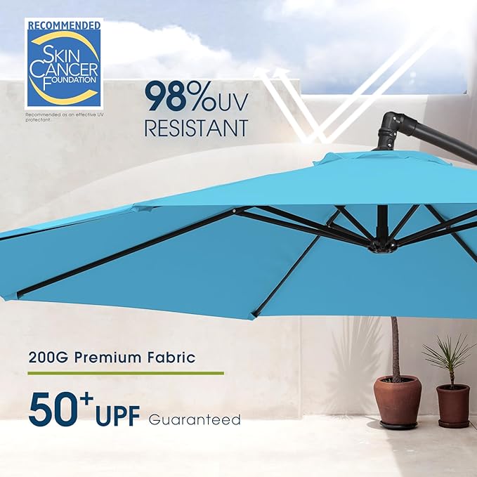 wikiwiki 10ft Patio Umbrella with Base Included, Outdoor Offset Cantilever Umbrella with Sandbag Base for Backyard, Garden and Pool, Easy to Tilt and Crank, Sky Blue