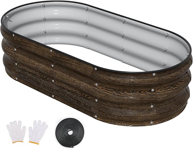 4x2x1FT Galvanized Raised Garden Beds,Raised Garden Bed with Safety Edging and Gloves,Oval Metal Planter Box for Gardening Vegetables Flowers Herb-Classic Walnut
