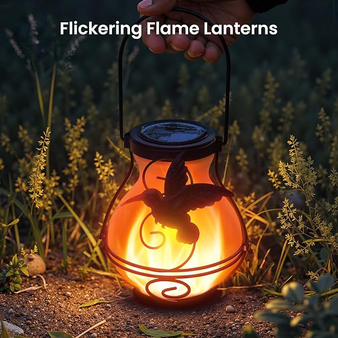 Solar Lanterns Outdoor Waterproof Flickering Flame Lights Hummingbird Metal Hanging Solar Lantern Patio Porch Garden Decoration (4 Pack)