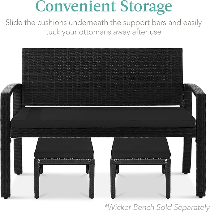 Best Choice Products Set of 2 Wicker Ottomans, Multipurpose Outdoor Furniture for Patio, Backyard, Additional Seating, Footrest, Side Table w/Removable Cushions, Steel Frame - Black/Black