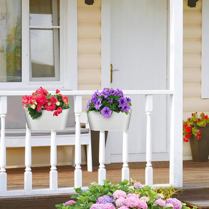 MADHOLLY Railing Planter with Drainage Holes - Sturdy Bucket Pots for Railing Fence, Countryside Style Metal Flower Pots for Herbs Balcony Garden Yard Decor, 2Pcs, White