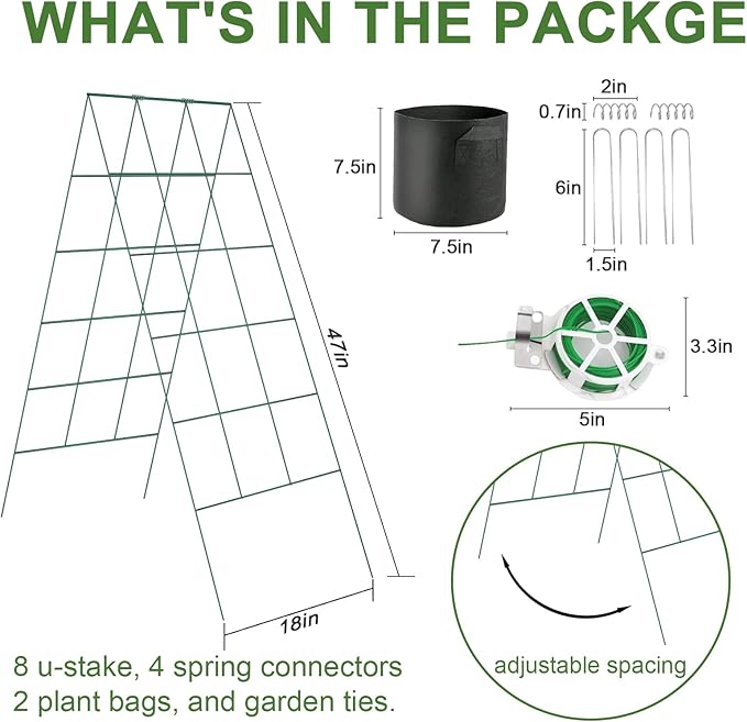 Cucumber Trellis for Raised Bed, Garden Trellis for Climbing Plants Outdoor with Climbing Net and Plant Support Clip for Cucumber, Vegetable, Flowers (18" W x 46" H-2pack)