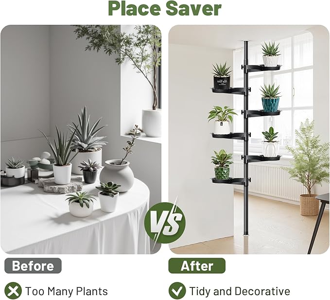 Tension Rod Plant Stand, Plant Poles for Hanging Plants Indoor, 6 Tier Tension Pole Plant Hanger, Floor to Ceiling Plant Pole with 6 Trays Hanging Plant Stand (Fit 3.6-10ft Ceiling)