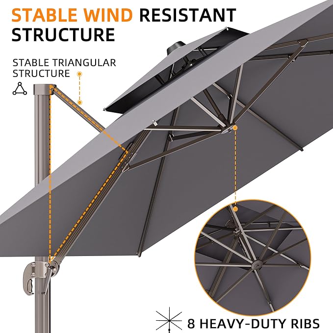 10' X 13' Outdoor Patio Umbrella Large Rectangle Cantilever Umbrella Heavy Duty 360°Rotation Offset Umbrella for Garden Deck Pool Patio,Grey
