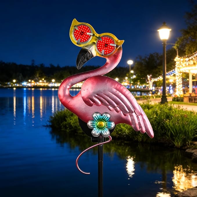 Solar Flamingo Yard Stakes 39.7" with Red Moving Eyeballs, Flamingo Solar Lights Outdoor for Pathway Patio Lawn Ornaments Garden Stakes