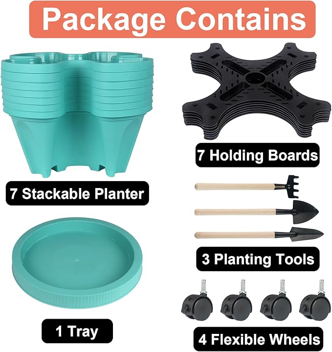 GameXcel Vertical Planter 7 Tier Stackable Planters Garden Planters Strawberry Herb Flower and Vegetable Planter Indoor Outdoor Gardening Pots with Removable Wheels and Tools-Teal 2 Pack